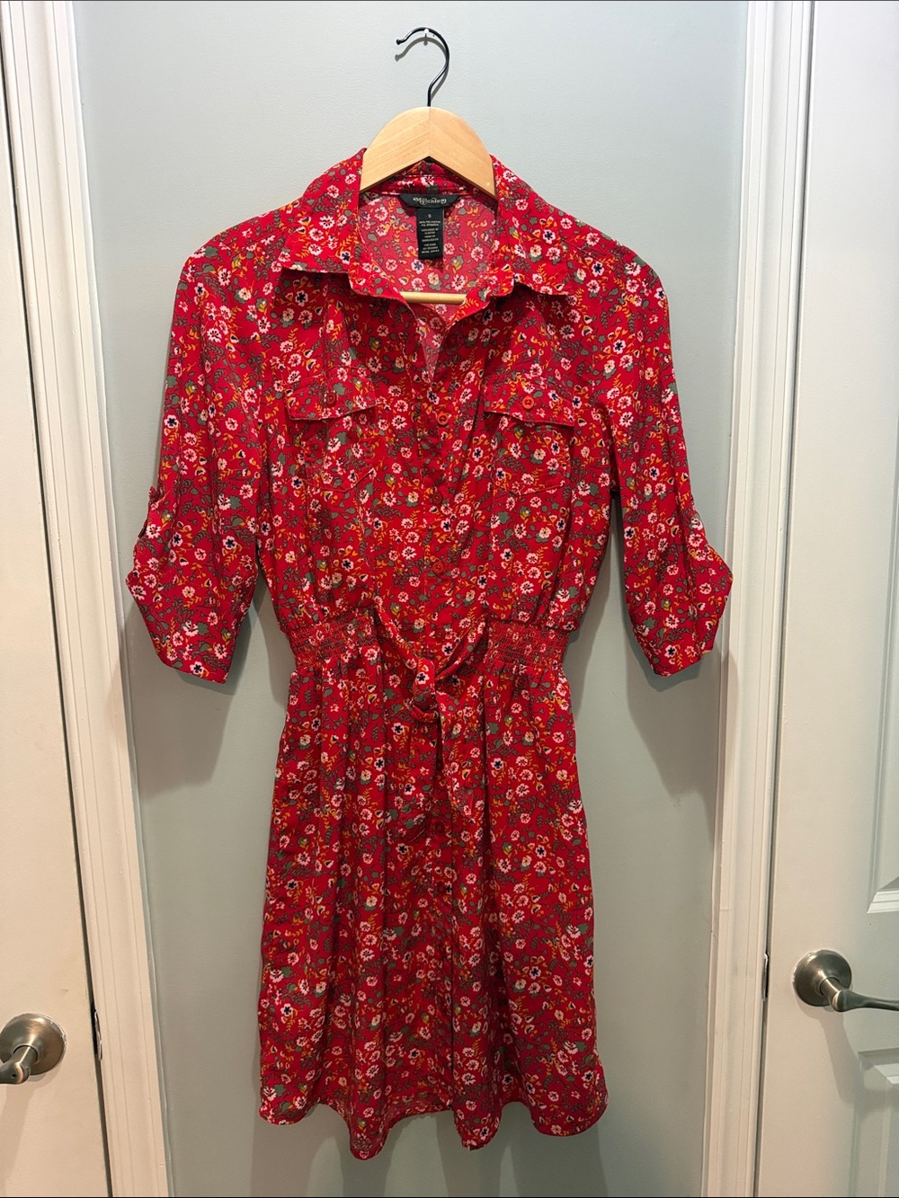 Floral Red Shirt Dress with Self-Tie Waist Small